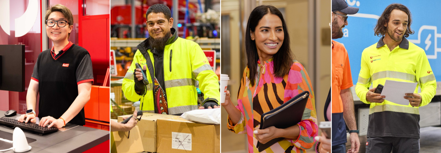 Retail team member in uniform smiles to camera; Warehouse team member in uniform smiles to camera, Office team member in a colourful dress smiles with coffee and notebook, Truck Driver in uniform talks to team member.