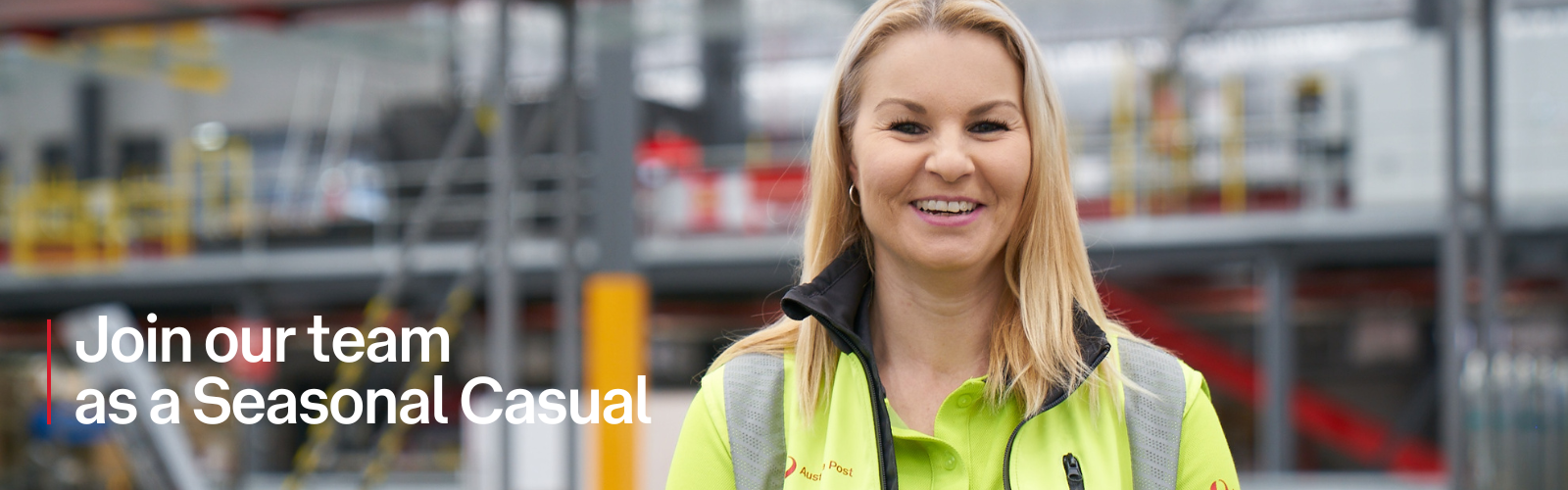 Retail team member in uniform smiles to camera; Warehouse team member in uniform smiles to camera, Office team member in a colourful dress smiles with coffee and notebook, Truck Driver in uniform talks to team member.